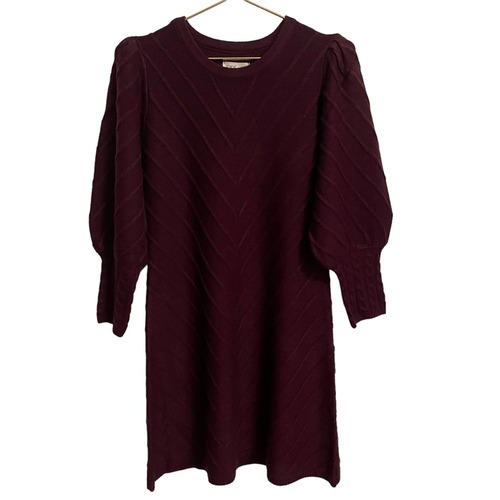 Eliza J Burgundy Chevron Knit Sweater Dress Puff Sleeve Wine Red Size M